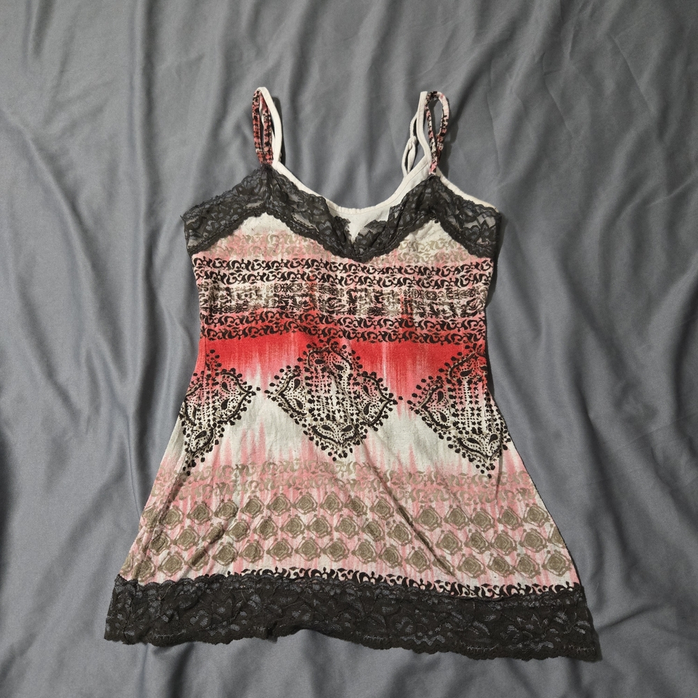 Y2K Lace Trim Tank Size Small Brown Red Fairycore 90S Geometric Whimsygoth Prepy